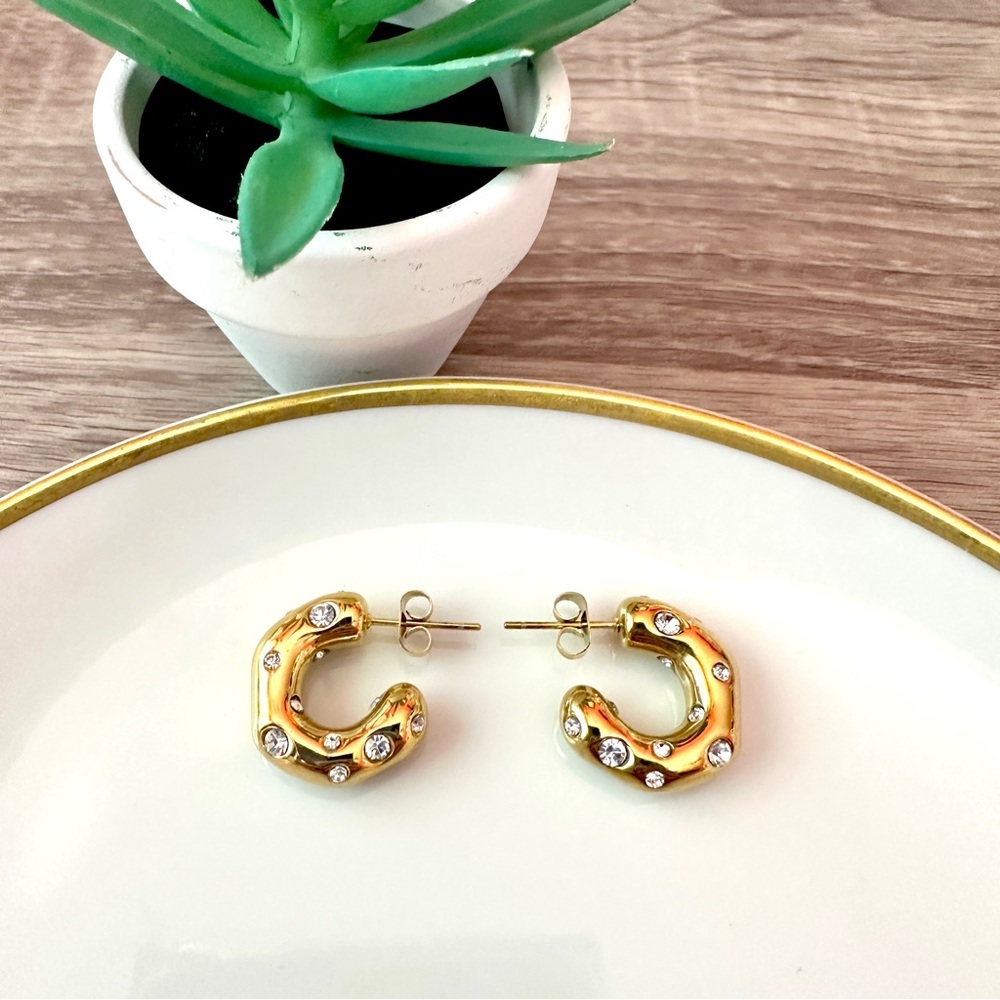 2/$30🌵Chunky Thick Gold Hoops Starburst Galaxy Rhinestone Hoop Earrings Huggies